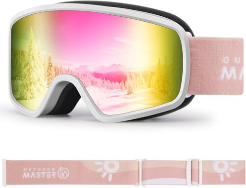 OutdoorMaster Kids Ski Goggles OTG Snowboard Goggles with 100% UV Protection Kids Snow Goggles for Boys Girls Toddler(WhiteFrame Vlt 13.9%+Revo Pink Lens)