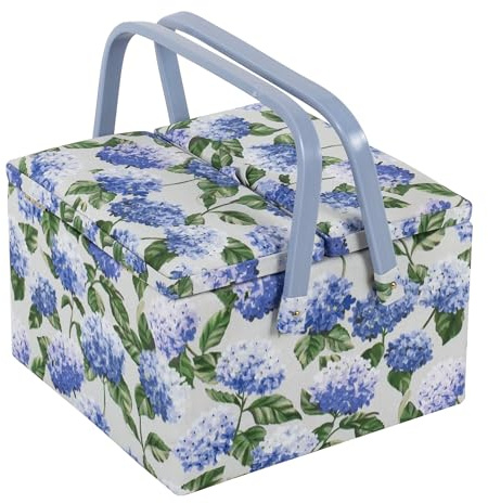 Hobby Gift Exklusiv stor sylåda med två lock, hantverkslåda, tillbehörslåda, nålkudde, PVC-handtag, 25 x 25 x 17 cm, hortensia