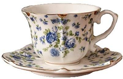 FUENYEJIA Kaffeetasse aus englischem Porzellan, Keramik, europäischer Stil, gemusterte Teetasse und Untertasse, Retro, luxuriös, goldfarbener Rand, blaue Rose, 200 ml