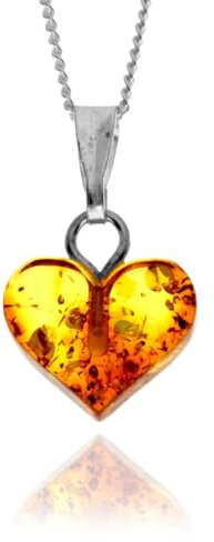 SilverAmber Jewellery UK – Echter winziger baltischer Bernstein geschnitzter Herz-Anhänger an einer zarten 0,7 mm 925er-Sterlingsilber-Panzerkette, No chain, Silber Edelstahl, Bernstein