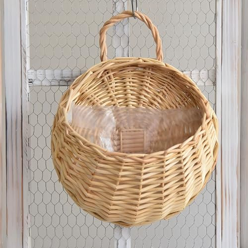 Panier Porte-Fleurs Suspendu Tissé à La Main Suspendu, Pots de Fleurs à Suspendre En Rotin, Panier Tissé Décoration Murale Panier de Rangement Rond en Rotin Tissé pour Plantes Intérieure Ou Extérieure