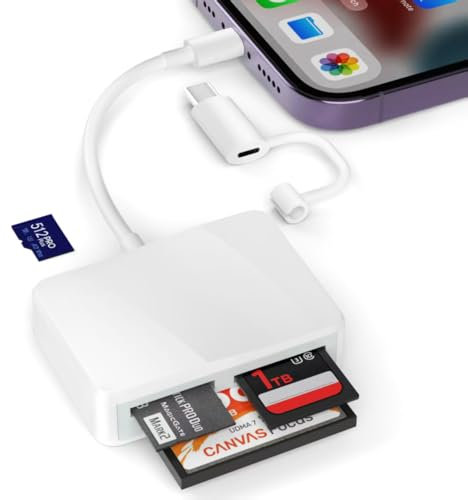 TIANSONG SD Card Reader for iPhone, 4 in 1 USB C and Lightning to CF/SD/MS/TF Card Adapter Memory Card Reader for Camera Adapter Trail Game Camera Viewer for iPad Macbook Plug and Play No App Required