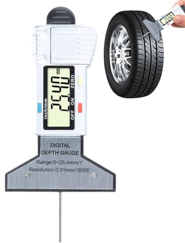 Jubilofex Misuratore di profondità del pneumatico, misuratore di profondità del battistrada - Misuratore di profondità del battistrada digitale - Intervallo di 0-25,4 mm con risoluzione di 0,01 mm