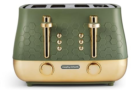 Morphy Richards Cassini 4 Slice Toaster, Variable Browning and Width Slots, 6 Power Levels, Removable Crumb Tray, Illuminated Buttons, High Lift, Defrost, Reheat, 800W, Olivine Green, 243022