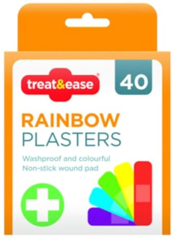 Fun Colourful Rainbow Plasters – Kids Washproof Assorted Non-Stick Wound Pads, 40 Pack