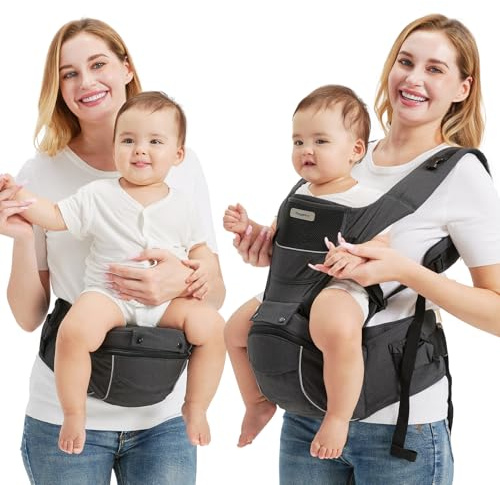 Sageky 2-in-1 Baby-Trage mit Hüftsitz | 6 verstellbare Tragepositionen | M-förmige Hüftstütz-Design | Atmungsaktive & leichte Ausführung (Dunkelgrau)