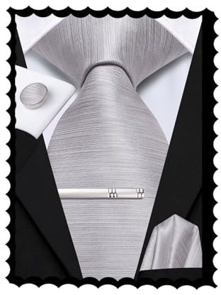 Hi-Tie Grey Silver Mens Ties Set Silk Solid Ties for Men 4 PCS Necktie and Pocket Square Cufflinks Clip Pin for Wedding