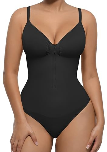 FeelinGirl Shapewear Bodysuit for Women Tummy Control Zip-Up Seamless V Neck Shapewear Thong Body Suit for Going Out