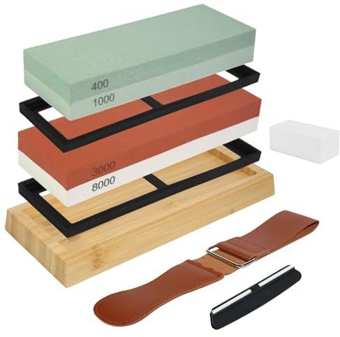 Pietra Affilacoltelli 400/1000 e 3000/8000, 8-in-1 Pietra Affilatura, Pietra per Affilare, Kit con Cote per Affilare coltelli, Grana Giapponese Pietra, Supporto in Bambù Antiscivolo, Guida Angolare