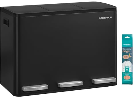 SONGMICS Papperskorg Kök, 3 x 15 L, Källsorteringssystem 3 fack, Avfallshink med 15 soppåsar, Pedalhink, Löstagbara innerhinkar, Mjukstängande lock, Handtag, Stål, svart LTB145BZ02