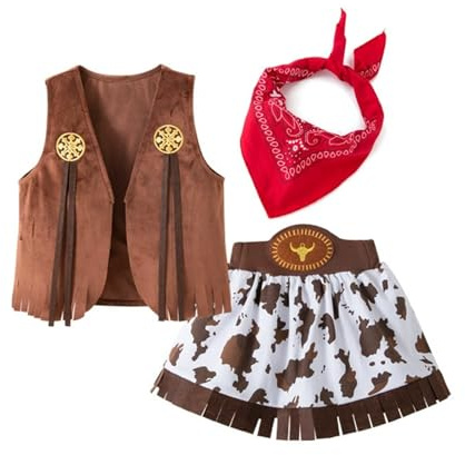 Générique Deguisement Cowboy Enfant, Costume Complet Cowboy pour Files, Ensemble 3 pièces avec Gilet à franges, Jupe de cowboy et Bandana rouge, pour fête d'anniversaire, carnaval ou Halloween