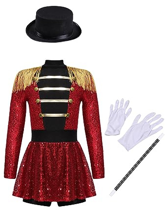 Kaerm Disfraz de director de circo para niños y niñas, vestido de baile, manga larga, vestido de ballet con sombrero, guantes, varita mágica, cascanueces, uniforme, traje de baile, rojo, 146-152