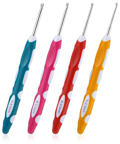 TIESOME Juego de 4 agujas de ganchillo de acero inoxidable con mango de silicona colorido, ganchos ergonómicos de crochet de 2,5 + 3 + 3,5 + 4 mm para principiantes, bufandas, tiradores (rojo carmesí