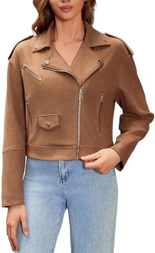 DIASHINY Faux Suede Leather Jacket For Women, Zip Up Motorcycle Biker Cropped Long Sleeve Ladies Casual Coat