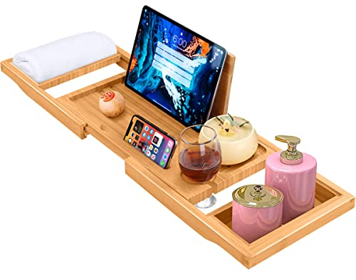 ADOV Bath Tray, Extendable Luxury Bamboo Wooden Bathtub Caddy with Integrated Holder for Book, Phone, Tablet, Candle, Soap, Towel, Wine Glass, Adjustable Over Tub Rack Bridge Fits Most Bath Tub Sizes