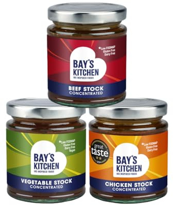 Bay's Kitchen 3 Cooking Stocks Selection - Beef Stock, Chicken Stock and Vegetable Stock, Delicious Low FODMAP, Gluten Free, Dairy Free Concentrated Stocks for Cooking and Sauces