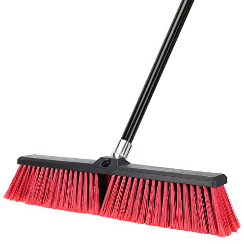 18 inches Push Broom Outdoor Garden Broom with 63 Long Handle for Deck Driveway Garage Yard Patio Concrete Floor Cleaning(Red)