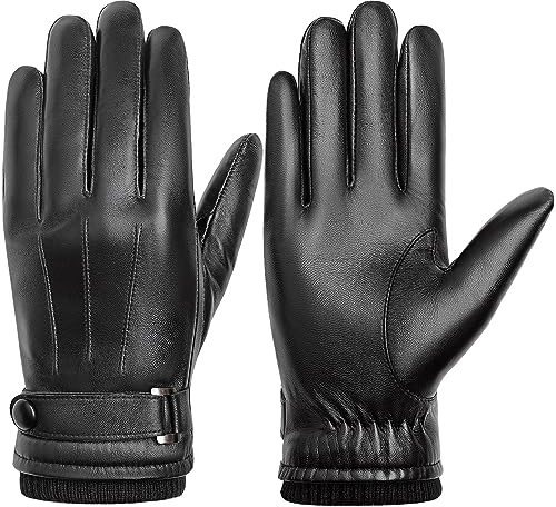 BISON DENIM Winter Genuine Sheepskin Leather Gloves for Men, Touchscreen Texting Warm Cashmere Lined Gloves for Driving