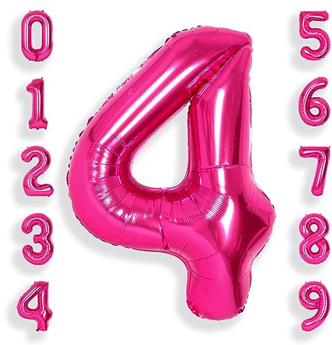 SUWEN 40 Inch Hot Pink Large 4 Number Balloons Big Foil Helium Number Balloons 0-9 Jumbo Happy 4th Mylar Birthday Party Decorations for Girl Anniversary Party Supplies