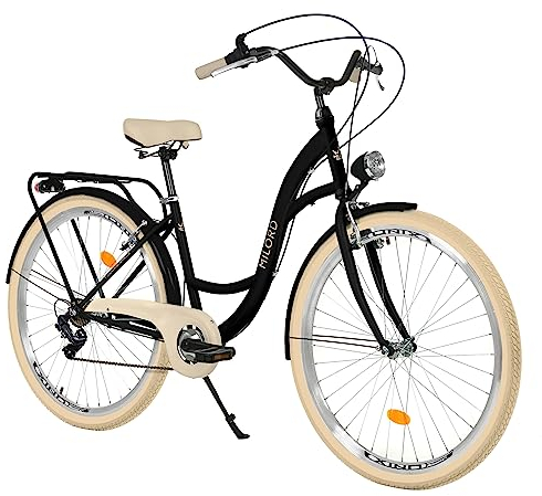 Balticuz OU Bicicletta comfort con supporto posteriore, bicicletta olandese da donna, City bike, retrò, vintage, 28 pollici, nero crema, 7 marce