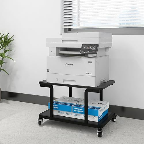 PUNCIA 2-schrichte Druckertisch Druckerständer mit Rollen 60 x 50 cm mobiler Druckerwagen Druckerregal aus Holz & Metall Druckerschrank für großen Drucker Scanner Arbeitszimmer Büro Schule Schwarz
