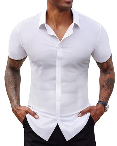 Lion Nardo Stretch Dress Shirts for Men Short Sleeve Slim Fit Casual Button Down Shirts Muscle Fit Men's Dress Shirts