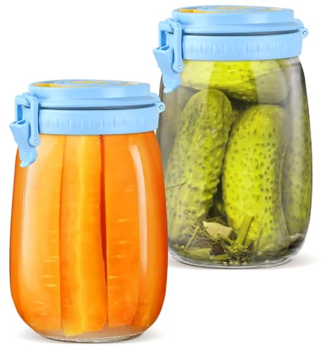 JIIKOOAI 2PCS Fermenters with Air Release Vent, 1L Kimchi Container with Lid for Date Recording, Glass Storage Mason Jar for Kimchi, Pickles, Yogurt, Food jams
