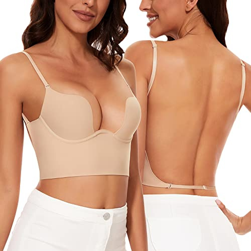 Willuhwisly Femme Soutien-Gorge Dos Nu, Multi-Positions Décolleté Profond sans Couture Soutien-Gorge Convertible Dos Nu(Nude, 95C)