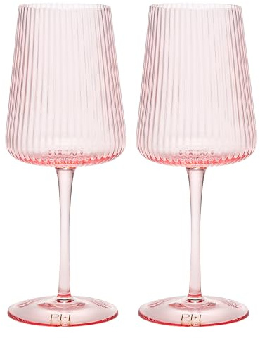 Paris Hilton Ribbed Wine Glass Set, Elegant Fluted Glassware, Perfect for Red Wine or White Wine, Set of 2, 18-Ounce, Pink