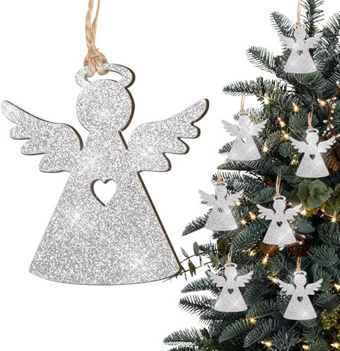 12pz Ciondoli Natalizi Legno Glitterati, Angeli Angioletti in Legno, Ornamenti Decorazioni Addobbi Legno per Albero di Natale, Pendenti Appesi per Artigianato Festa Natale (Argento)
