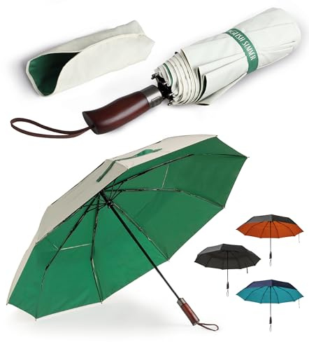 ENGLISH SUMMER Luxury, Quality, Windproof Umbrella for Rain & Sun: Strong, Automatic, Extra Large Canopy, Vented, Folding, Real Wooden Handle (Cream & Green)
