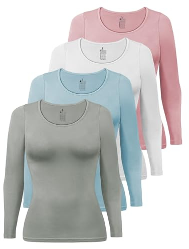 ALPIDEX Maglia Donna Manica Lunga Set da 4 Basic Cotone Elasticizzato Maglia Intima Sottile Girocollo, Taglia:S, Colore:Sunrise