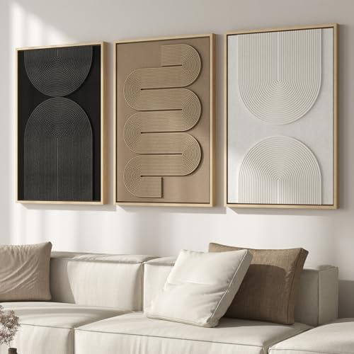 Large 3D Textured Framed Boho Neutral Abstract Wall Art for Living Room, 3 Piece Modern Paintings Artwork for Walls, Black White Brown Minimalist Geometric Pictures for Hallway Office Wall Decor 24x36