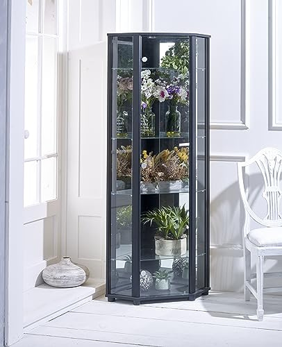 Vetrina angolare in vetro con 4 ripiani regolabili e luce LED, colore: nero