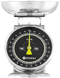 HENDI Báscula mecánica de cocina, Pesa con esfera analógica, Balanza con función tara manual, Capacidad 5kg, Graduación 20g, 207x231x(H)254mm, Acero inoxidable