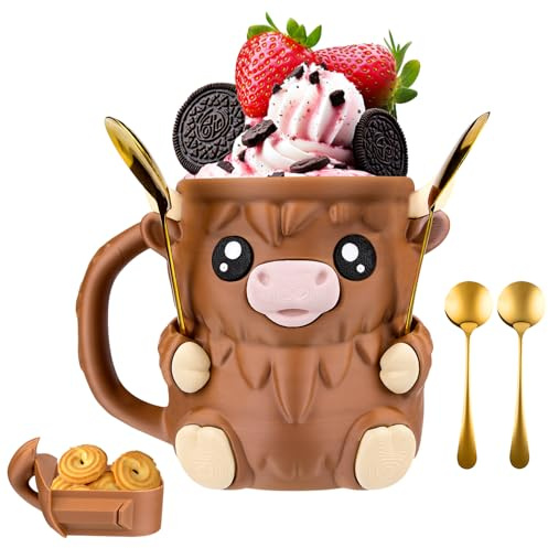 Highland Cow Ice Cream Holder, Ice Cream Pint Sleeves Cover, ICES Creams Tubs Holder with 2 Spoon, Cute Animal ICES Creams Cooler Containe Leakproof Popsicle, Highland Cow Lover Gifts