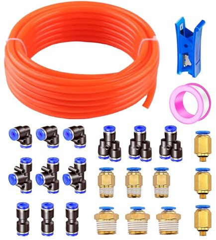 HUAZIZ 20 m PU pneumatisk slang, orange pneumatisk polyuretan pneumatisk slang, flexibel tryckluftsslang, med 21 stycken pneumatiska kontakter Air Push snabbkoppling, yttre 8 mm x inre 5 mm