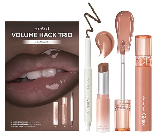 rom&nd Volume Hack Trio Mocha Mousse Lip Set | K-Beauty Plumping Gloss, Hydrating Balm & Smooth Liner | Achieve Defined, High-Shine Lips for Viral Looks.