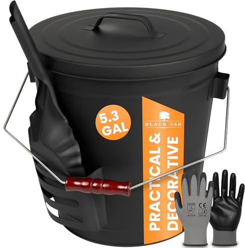 BLACK OAK Secchio per cenere Stromboli 5.3 GAL - Nero con coperchio, pala e guanti - Manico argento - Grande 20L, Acciaio zincato ignifugo e verniciato a polvere, cenere e carbone, camino, stufa in