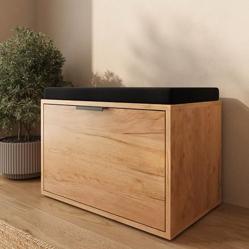Planetmöbel Elyo Schuhbank mit Sitzfläche, Sitzbank mit Stauraum, Schuhschrank mit 2 Fächern für Diele, Flur, Garderobe, 61 x 36,6 x 38 cm, Gold Eiche