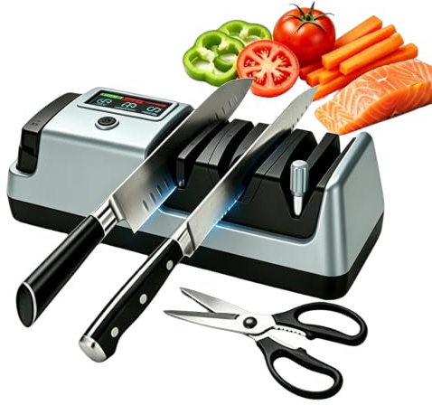 Aiguiseur Couteaux Electrique avec Ecran LCD,Affuteur de Couteaux | 3 Vitesses Réglables,Eguisoire Electrique Professionnel pour Couteaux Droits Dentelés Céramique et Ciseaux EU 220V