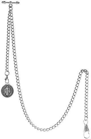 TREEWETO Men's Double Albert Chain Pocket Watch Curb Link Key Chain 2 Hooks with Antique St. Benedict Pendant Design Charm Fob T Bar, Silver