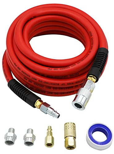 YOTOO Air Hose 1/2 in. x 25 ft, 300 PSI Hybrid Air Compressor Hose, Heavy Duty, Lightweight, Kink Resistant, All-Weather Flexibility with Bend Restrictors, 3/8 and 1/4 Air Fittings Kit, Red