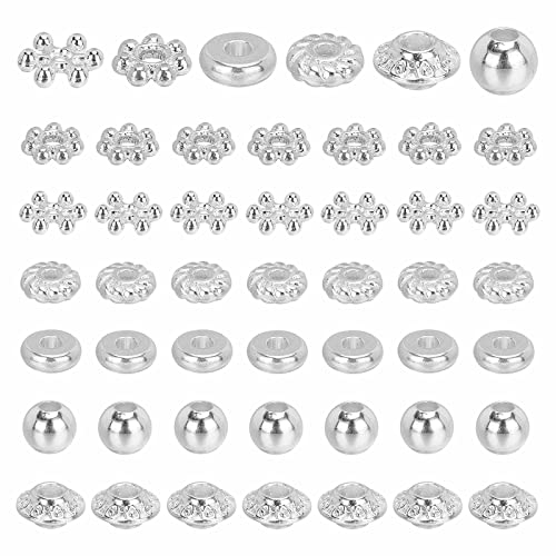 PH PandaHall 6 Style 300 stücke Spacer Perlen Silber Metallperlen Flache Runde Schneeflocke Rondelle Bicone Kleine Lose Perlen Für Armband Halskette Ohrring Schmuckherstellung Zubehör