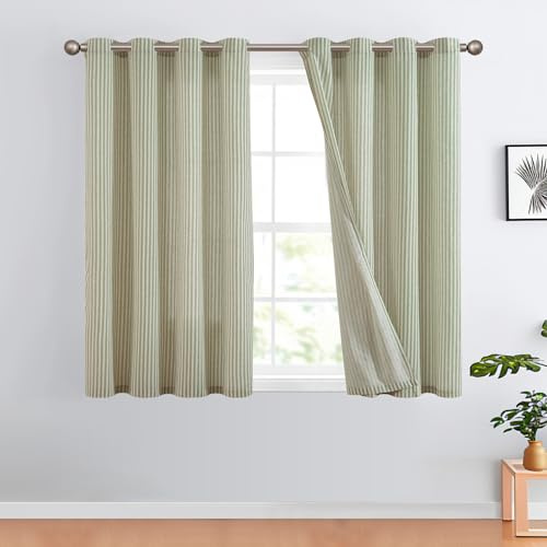 TOPICK Leinen Vorhänge Gestreifte Gardinen mit Ösen Modern Beige Leinenoptik Vorhang Wohnzimmer Privarsphäre Gardine Lichtfilterung Ösenschal mit Streifen Muster 2er Set H145xB130cm Grün auf Beige