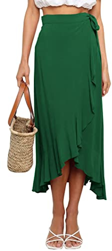 FEOYA Jupe Portefeuille mi-Longue Femmes Une Pièce Jupes Longues D'été Décontractées pour La Plage Taille Haute Jupes Maxi Enveloppantes Vert foncé L