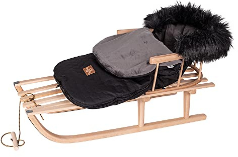 Slitta in legno di faggio, schienale con corda di trazione + sacco nanna invernale con chiusura lampo, 48/90 cm, slitta in metallo (nero)