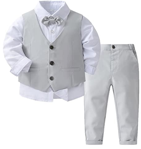 Alvivi Smoking da Bambino Abito Completo da Battesimo Bimbo Completini da Cerimonia Neonato 4 Pezzi Gilet Camicia Fiocco Pantaloncini Set di Vestiti Formale Tuta per Festa Grigio 9-12 Mesi