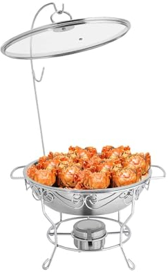 6L Runder Chafing Dish Standfuß Edelstahl Speisenwärmer Warmhaltebehälter Chafing Dish Set mit Deckel und Anti-Griff, Heizung der Alkohollampe, für Buffets, Partys, Restaurants (Silber)