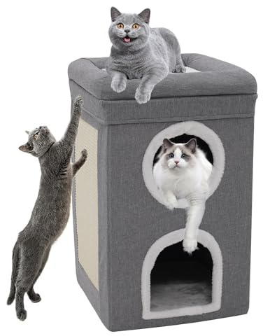 Siairo 3-Tier Indoor Cat House, Foldable Cat Cave with Sisal Scratcher & Washable Cushion, Sturdy Cat Condo 66x40x40cm (Grey)